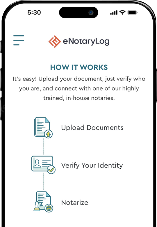 eNotaryLog app mobile mockup - How It Works: Upload Documents, Verify Your Identity, Notarize